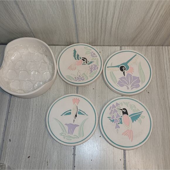 Vtg Southwestern Hummingbird Ceramic Coaster Set Of 4 NWOT Coastal Boho - Picture 10 of 11